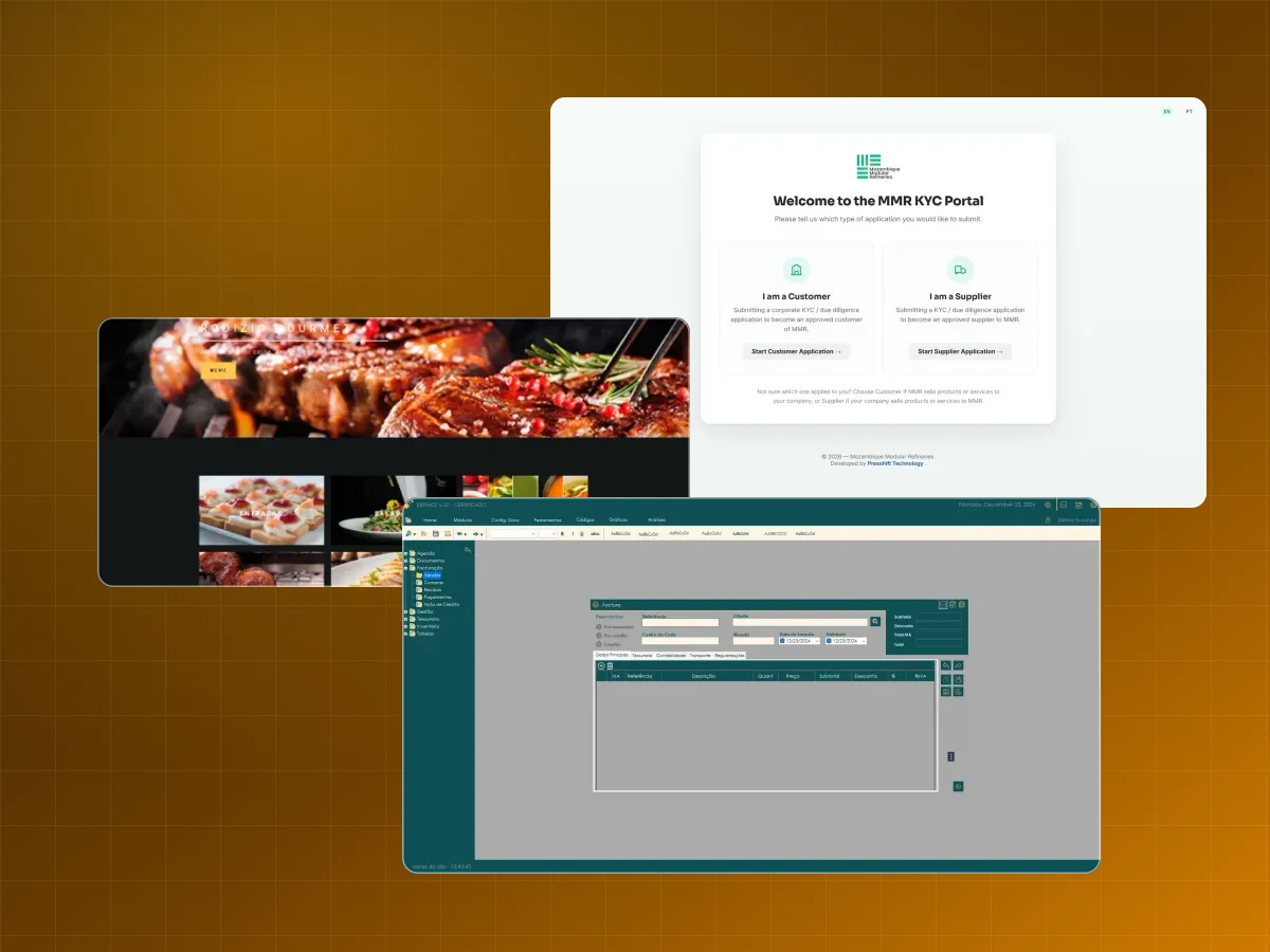 Ecrãs de sistemas construídos pela Presshift Technology: um portal KYC, um menu digital de restaurante e a janela de facturação do ERPMOZ
