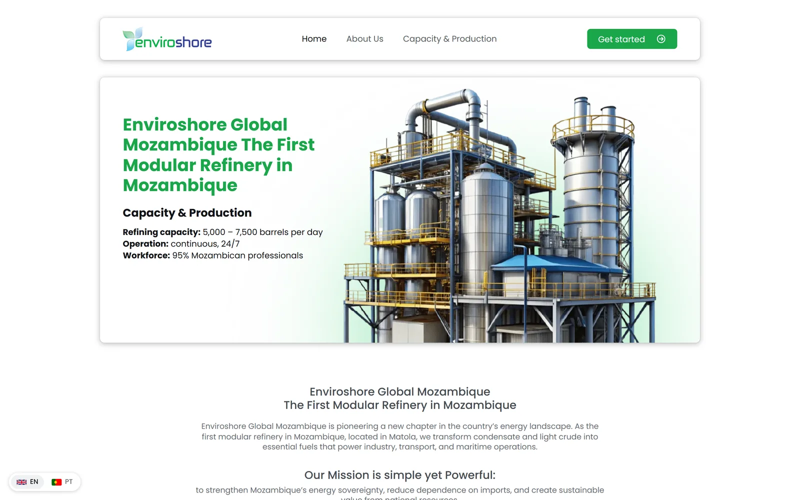 Página inicial da Enviroshore Global Mozambique