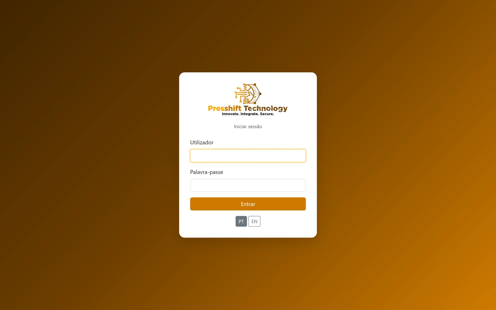 Ecrã de entrada da plataforma web de gestão, em português e inglês
