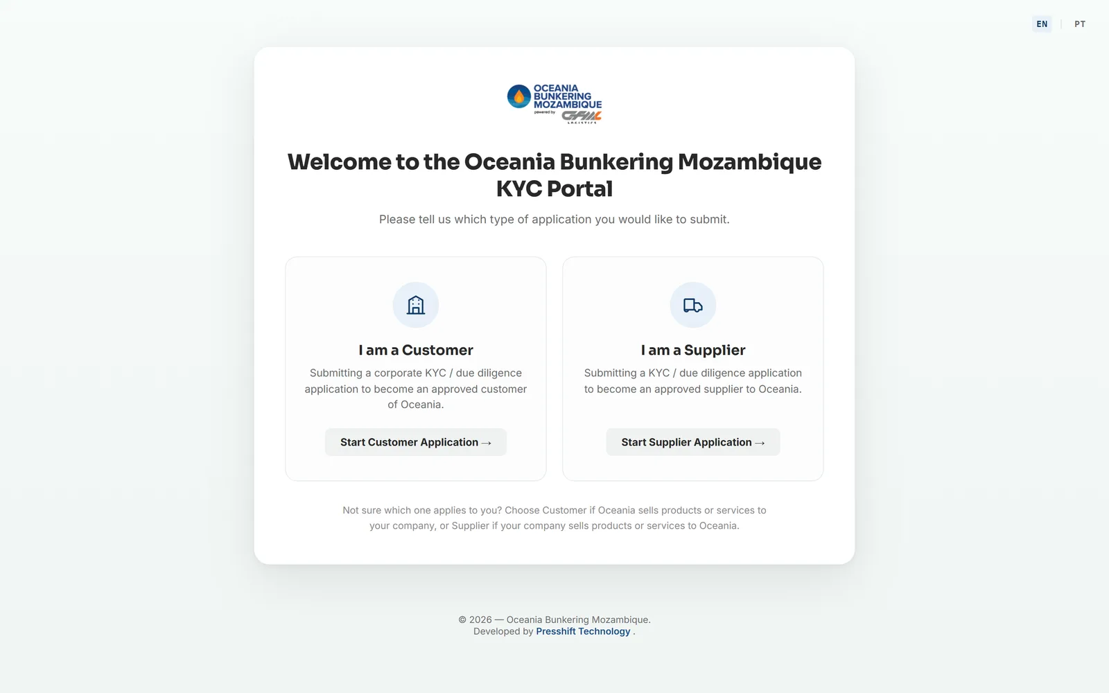 A mesma plataforma com a marca da Oceania Bunkering