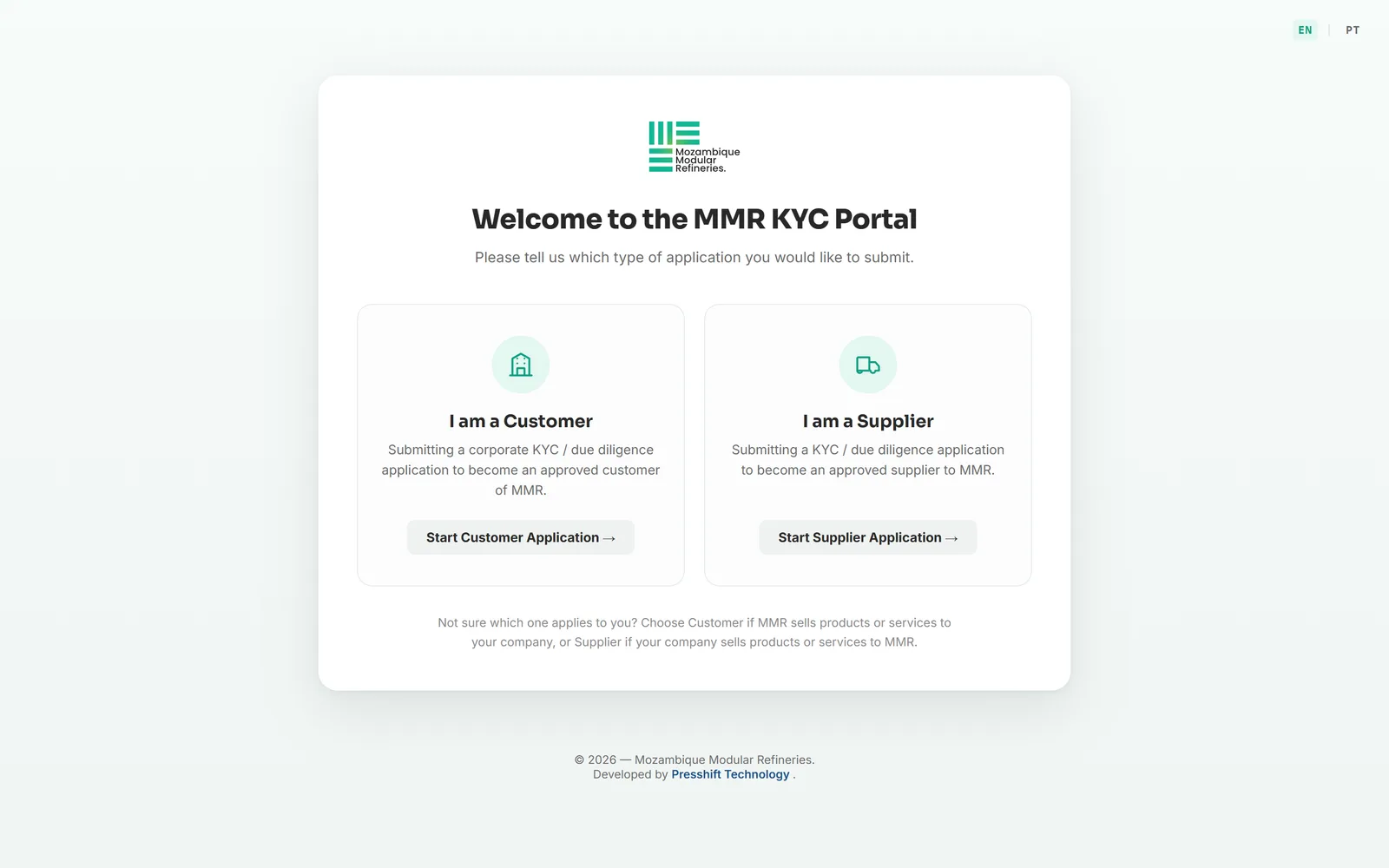 Ecrã inicial do portal KYC com os percursos de candidatura de cliente e de fornecedor