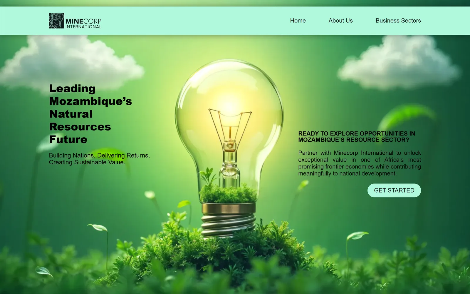 Página inicial da Minecorp International com a imagem de sustentabilidade
