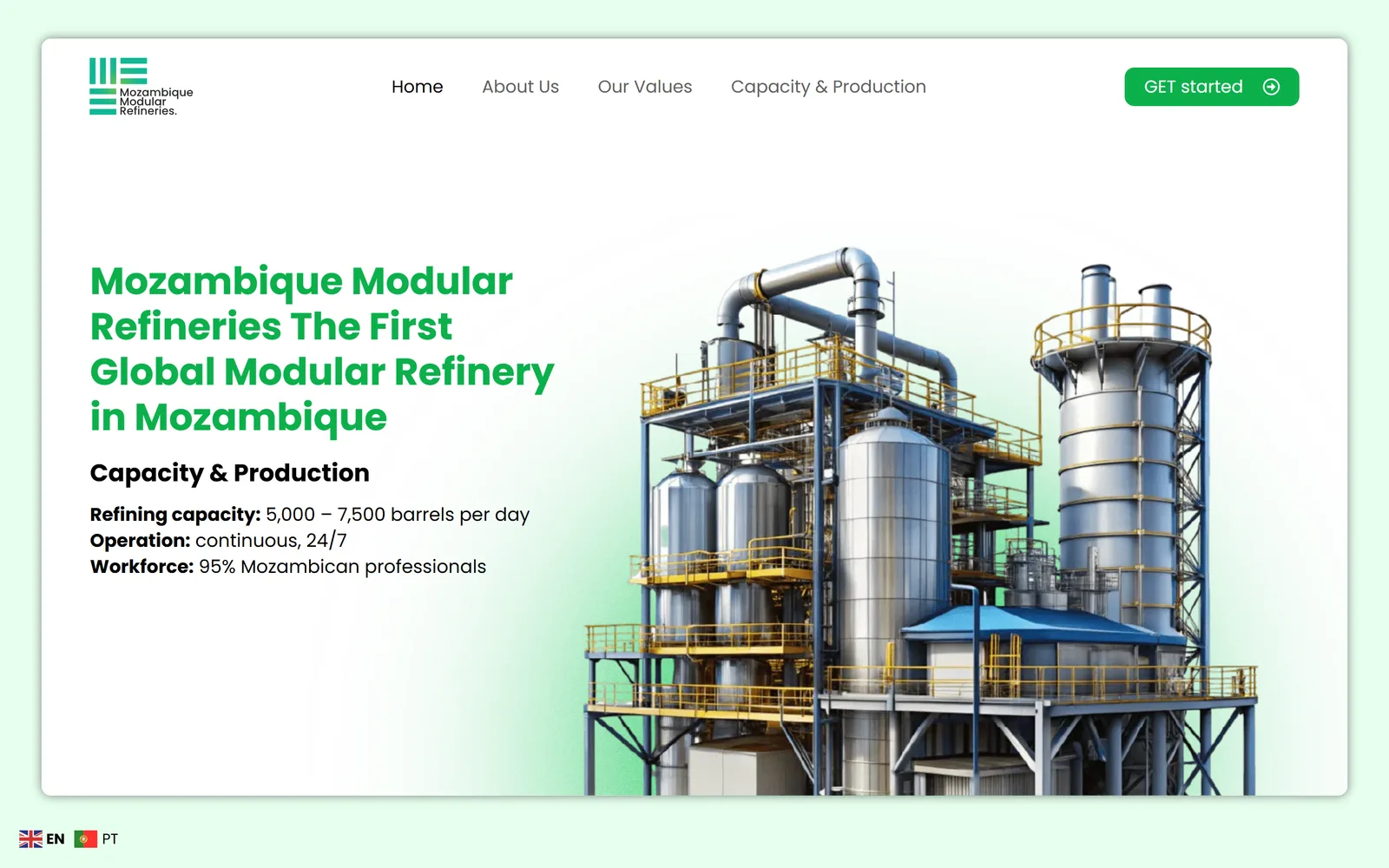 Página inicial da Mozambique Modular Refineries
