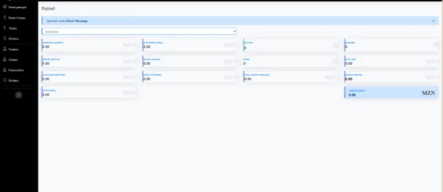 Painel web de vendas com indicadores financeiros em meticais